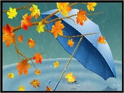 Deszcz, Liście, Jesienne, Parasol